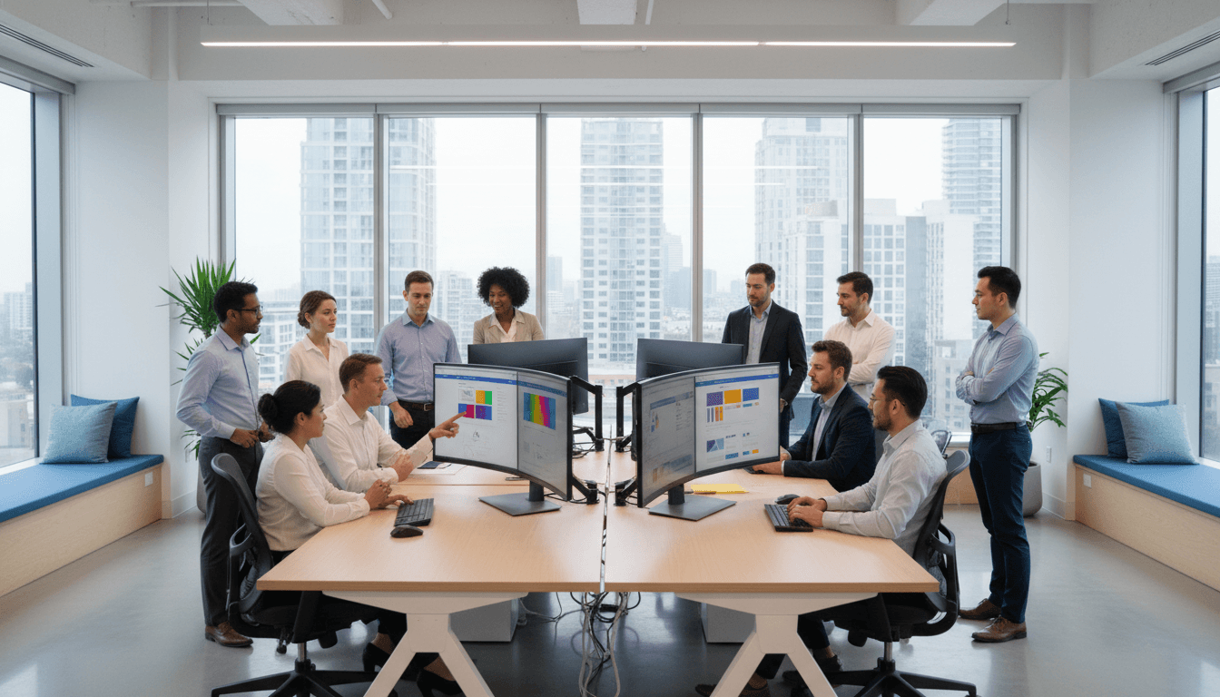 Professional team collaborating on digital projects in modern office